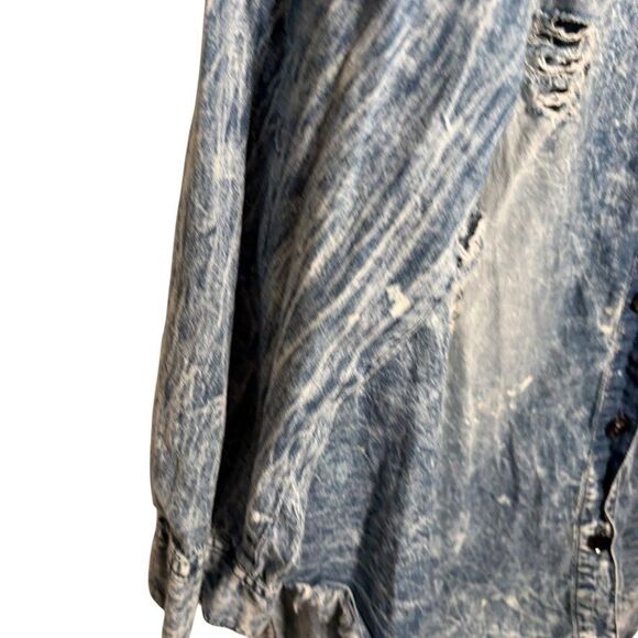 Thrill Jeans Top Women's 2X Blue Distressed Button Up Tunic Collared Shirt - Picture 5 of 12